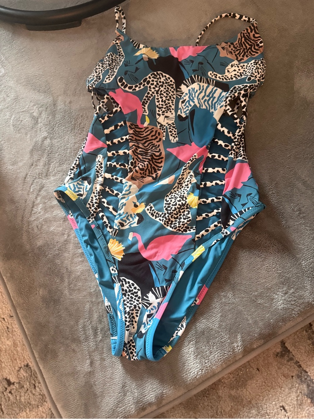 Red Carter Teal One-Piece Swimsuit with Pink Flamingo & Leopard Motif